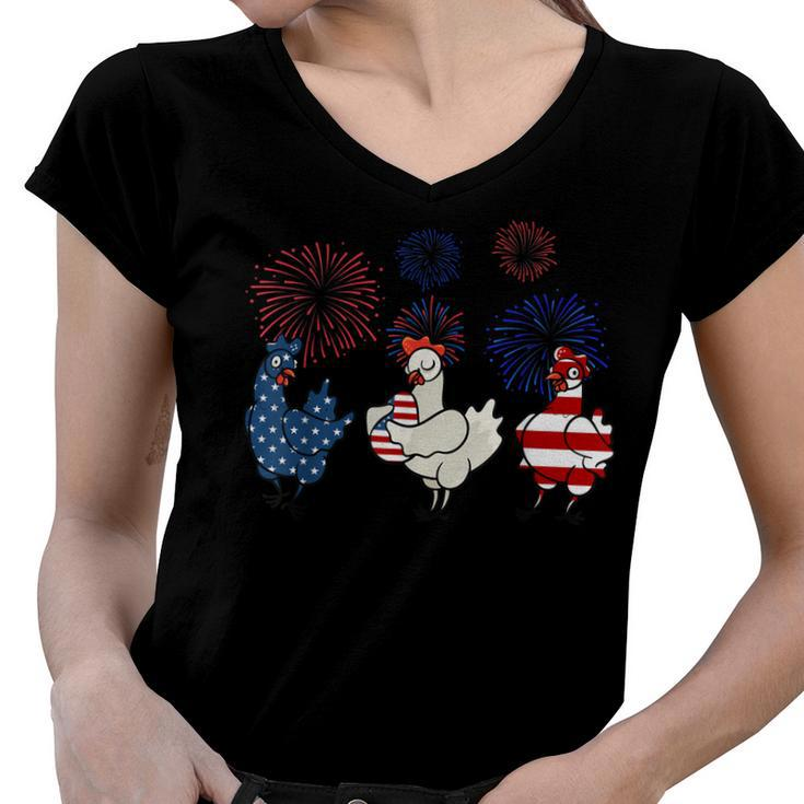 Usa Flag Chicken Fireworks Patriotic 4Th Of July  Women V-Neck T-Shirt