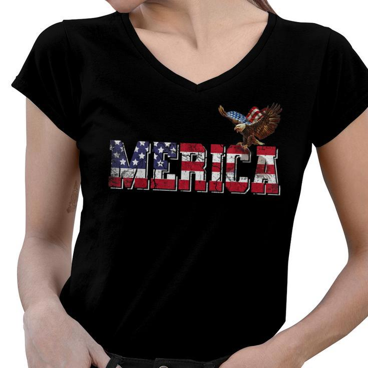 Usa Us American Flag Patriotic 4Th Of July Bald Eagle Merica  Women V-Neck T-Shirt