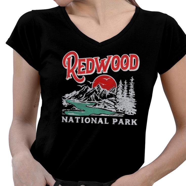 Vintage Redwood National Park Distressed 80S Mountains Women V-Neck T-Shirt