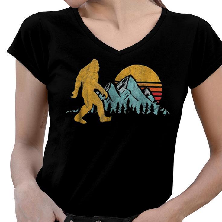 Vintage Retro Bigfoot Believe Silhouette Mountain Sun 234 Shirt Women V-Neck T-Shirt