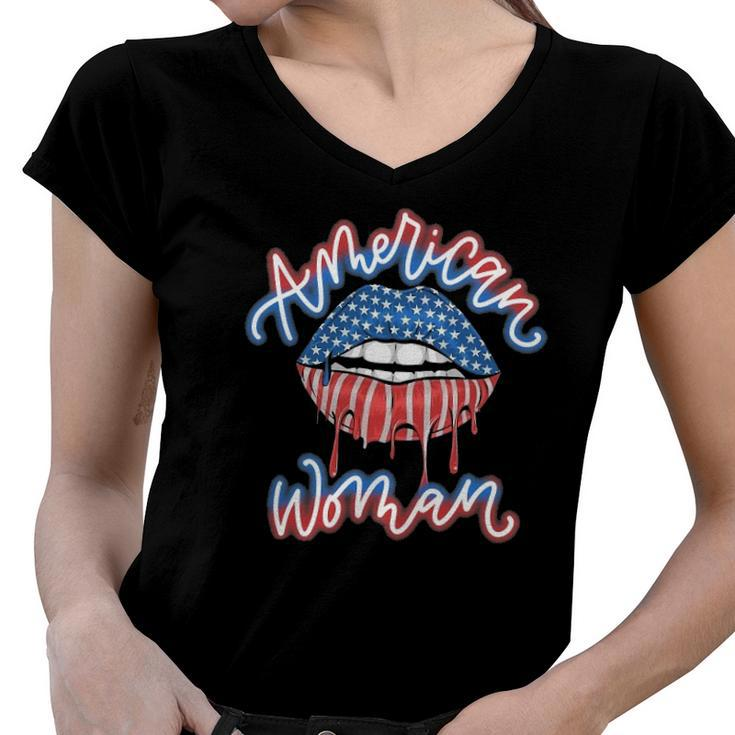 Womens American Flag Sexy Lip Usa America 4Th Of Julyy Women V-Neck T-Shirt