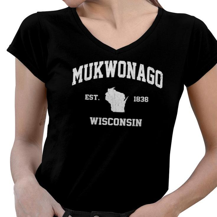 Womens Mukwonago Wisconsin Wi Vintage State Athletic Style V-Neck Women V-Neck T-Shirt