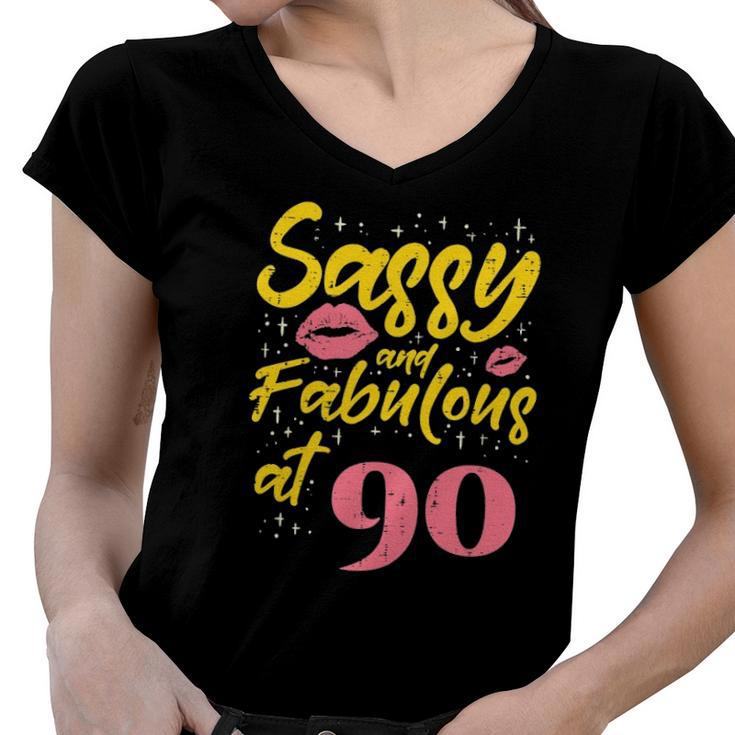 Womens Sassy Fabulous 90 Years Old Happy 90Th Birthday Gift Women Women V-Neck T-Shirt