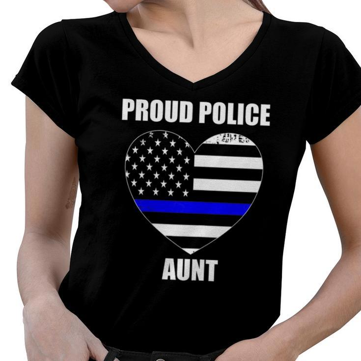 Womens Thin Blue Line Flag Law Enforcement Officer Proud Aunt Women V-Neck T-Shirt