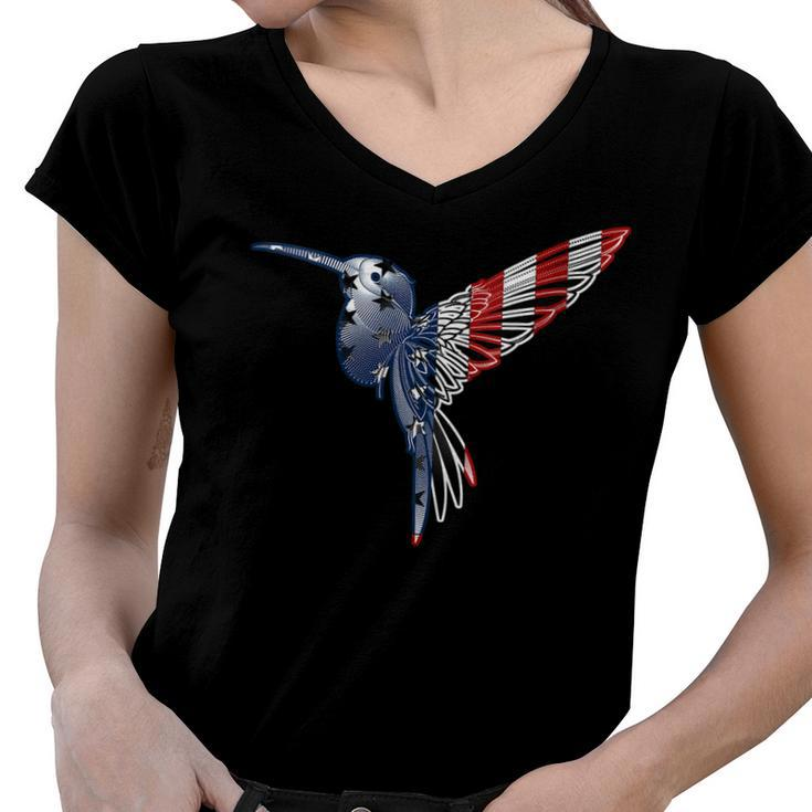 Womens Usa American Flag Dot Art Cute Bird Hummingbird 4Th Of July  V2 Women V-Neck T-Shirt