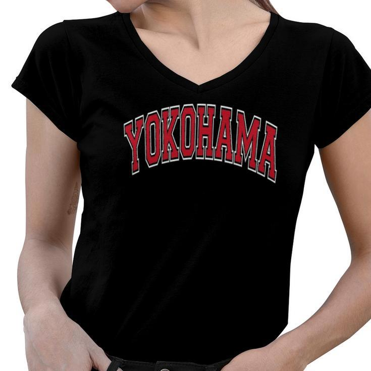 Yokohama Japan Varsity Style Red Text Women V-Neck T-Shirt