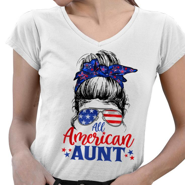 4Th Of July All American Aunt Messy Bun Patriotic Usa Flag  Women V-Neck T-Shirt