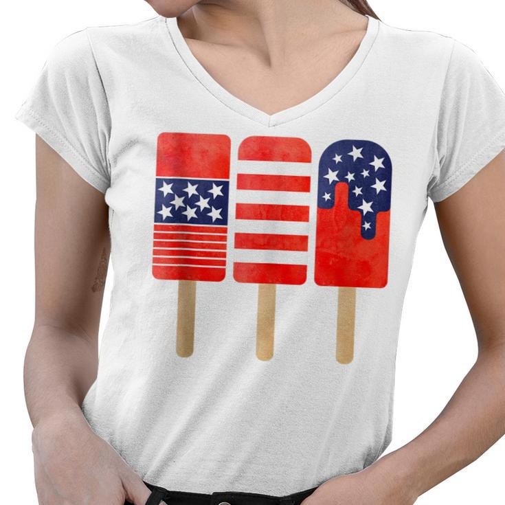 4Th Of July Popsicles Usa Flag Independence Day Patriotic  Women V-Neck T-Shirt