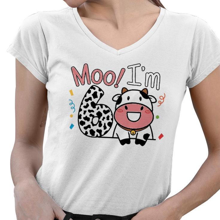 6Th Birthday Moo Cow Theme Farm Animal Six Years Old Party Women V-Neck T-Shirt