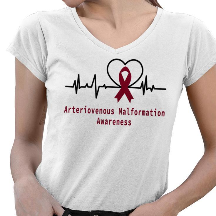 Arteriovenous Malformation Awareness Heartbeat  Burgundy Ribbon  Arteriovenous Malformation Support  Arteriovenous Malformation Awareness Women V-Neck T-Shirt