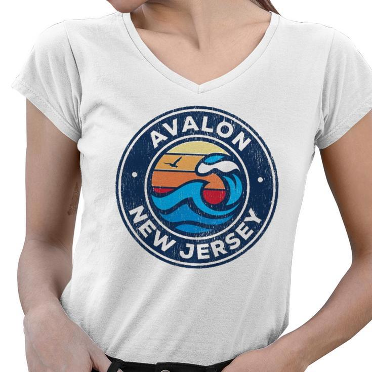 Avalon New Jersey Nj Vintage Nautical Waves Design Women V-Neck T-Shirt