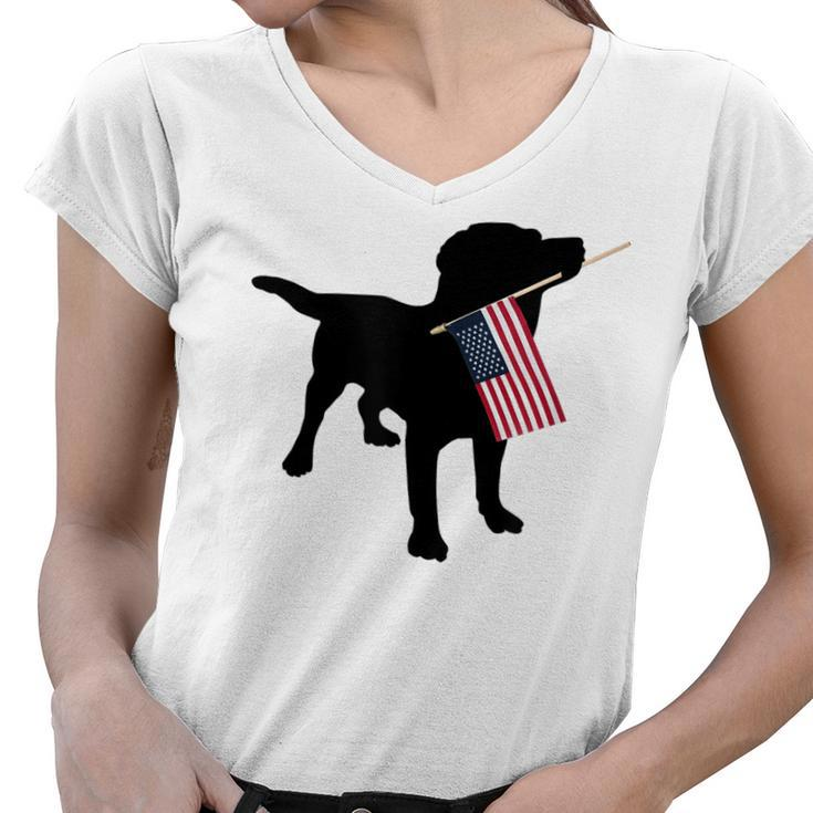 Black Lab Dog Holding July 4Th Patriotic Usa Flag  Women V-Neck T-Shirt
