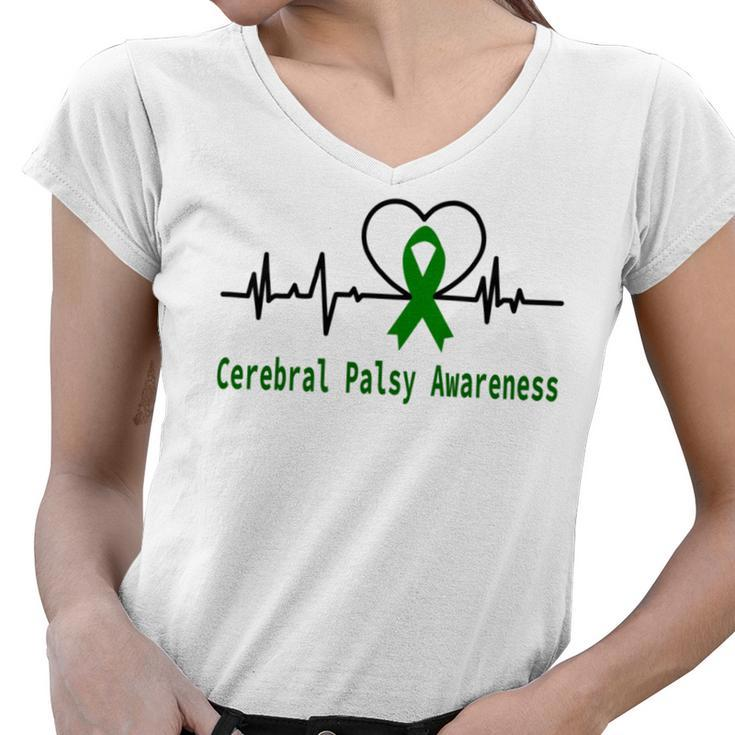 Cerebral Palsy Awareness Heartbeat  Green Ribbon  Cerebral Palsy  Cerebral Palsy Awareness Women V-Neck T-Shirt