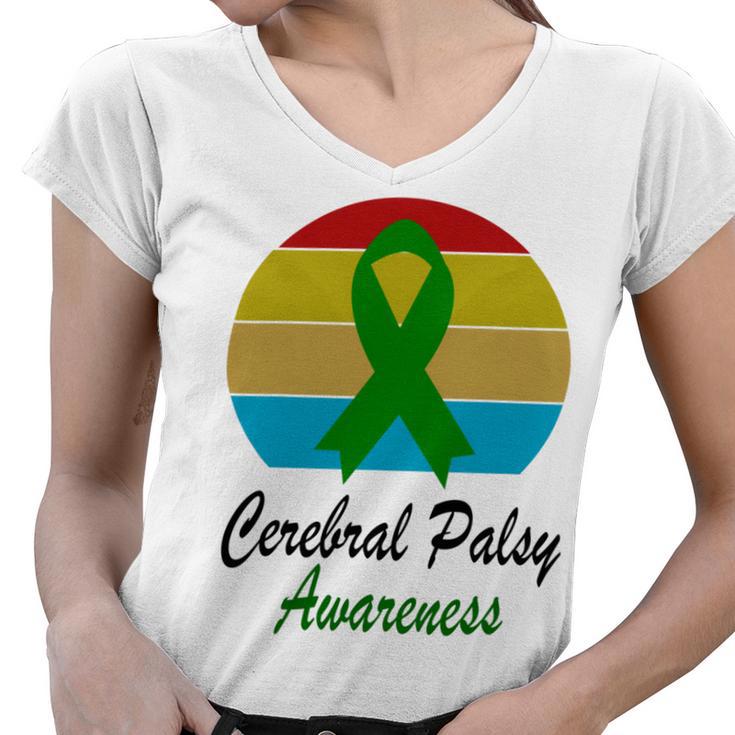 Cerebral Palsy Awareness Vintage  Green Ribbon  Cerebral Palsy  Cerebral Palsy Awareness Women V-Neck T-Shirt