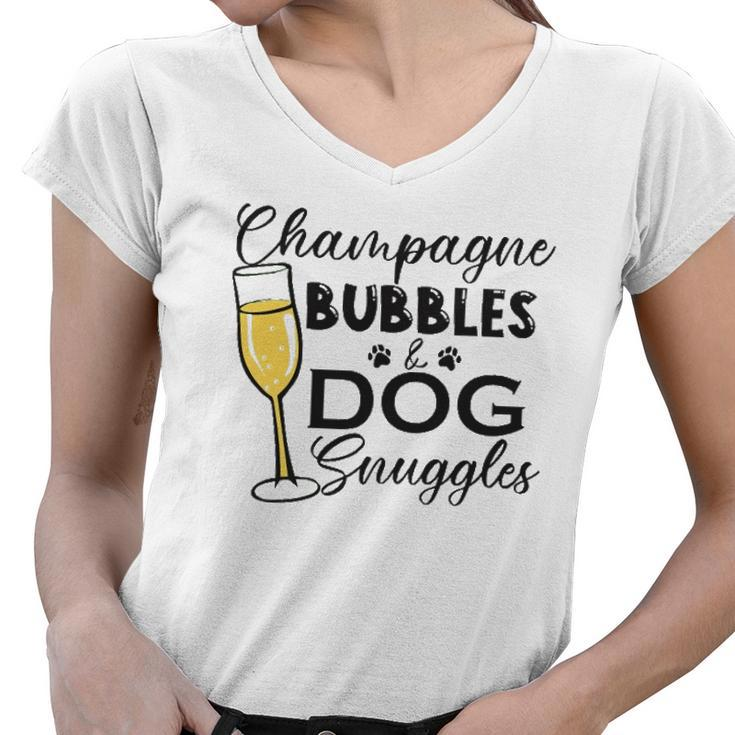 Champagne Bubbles & Dog Snuggles Dog Person Women V-Neck T-Shirt