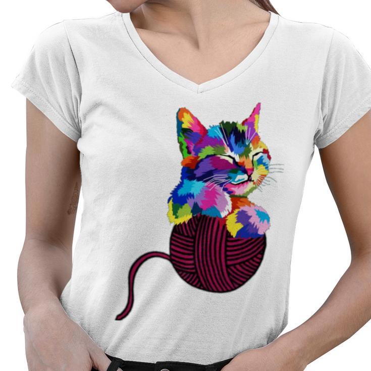 Cute Cat Gift For Kitten Lovers Colorful Art Kitty Adoption Women V-Neck T-Shirt