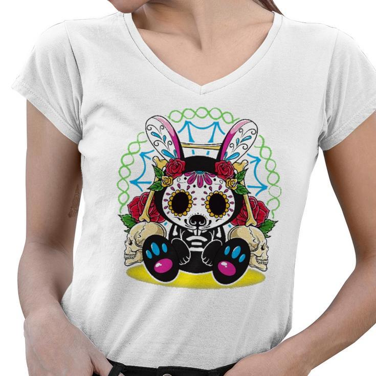 Day Of The Dead Dia De Los Muertos  Bunny Sugar Skull Women V-Neck T-Shirt