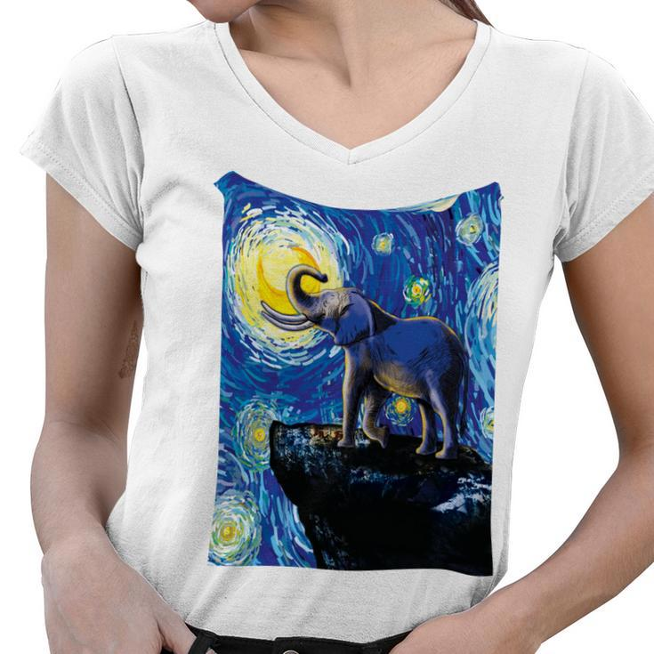 Elephant - Moon Night Sky Women V-Neck T-Shirt