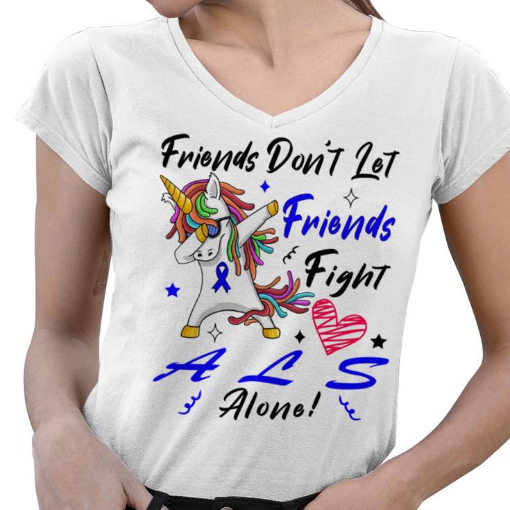 Friends Dont Let Friends Fight Als Alone  Unicorn Blue Ribbon  Amyotrophic Lateral Sclerosis Support  Als Awareness Women V-Neck T-Shirt