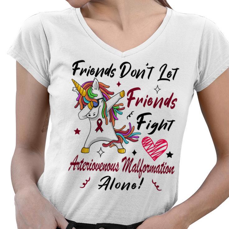 Friends Dont Let Friends Fight Arteriovenous Malformation Alone  Unicorn Burgundy Ribbon  Arteriovenous Malformation Support  Arteriovenous Malformation Awareness Women V-Neck T-Shirt