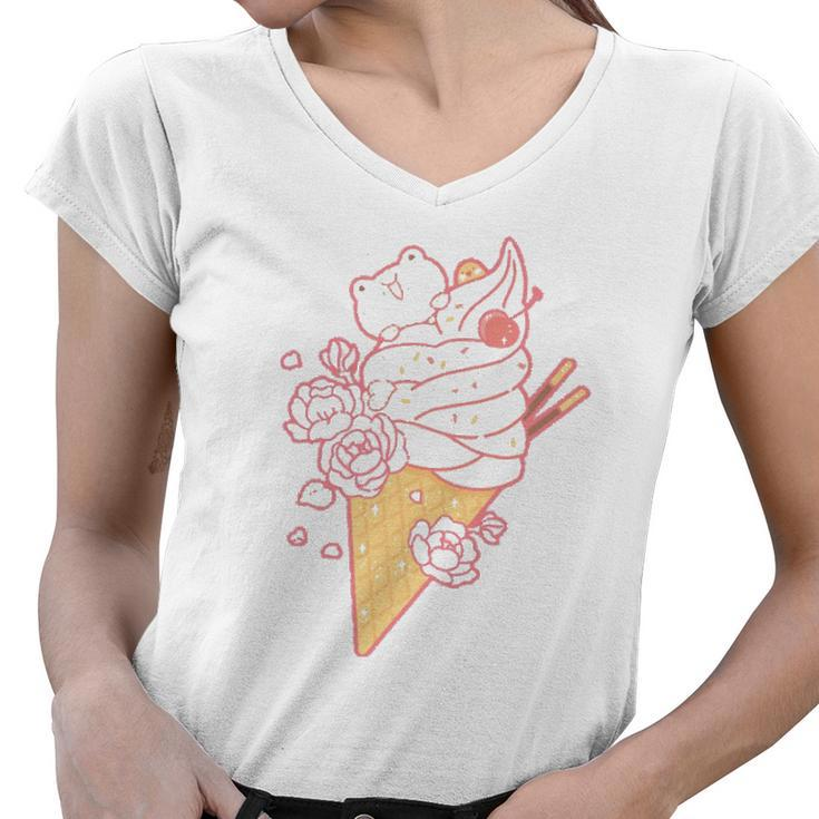 Frog Ice Cream Cone Cute Kawaii Aesthetic Women V-Neck T-Shirt