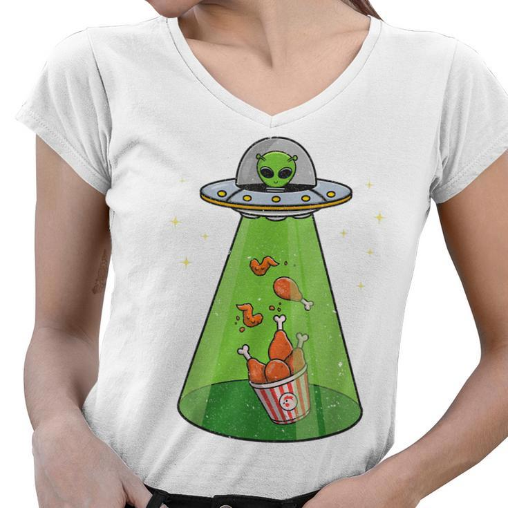 Funny Alien  Ufo Abduction Fried Chicken Aliens Lover  V2 Women V-Neck T-Shirt