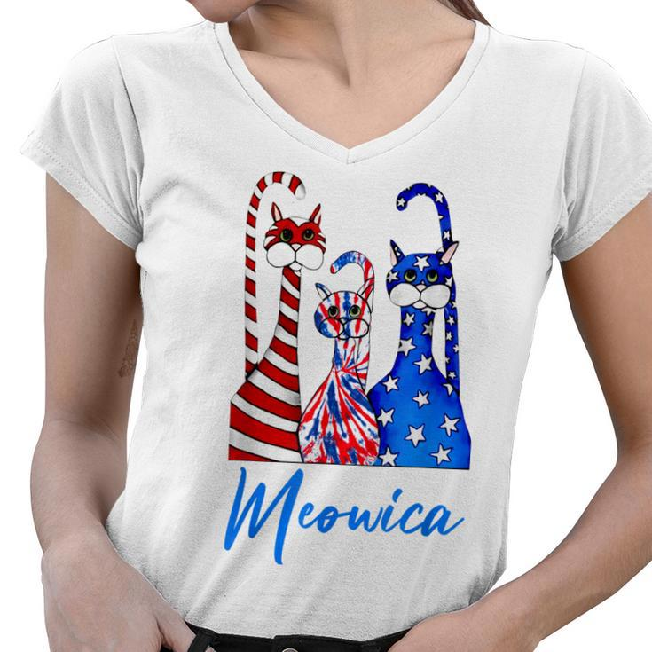 Funny Tie Dye Meowica 4Th Of July Cat Lovers Patriotic  Women V-Neck T-Shirt