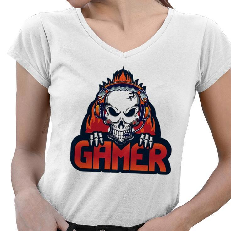 Gaming Headset Design With Skull Women V-Neck T-Shirt