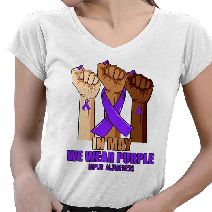 Hand In May We Wear Purple Lupus Awareness Month Women V-Neck T-Shirt