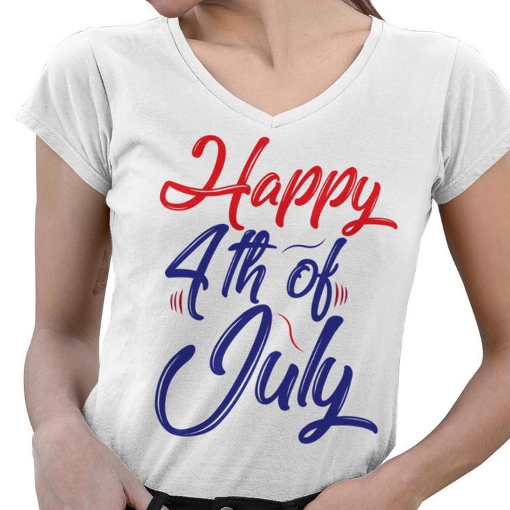 Happy 4Th Of July Dark Red Blue Text Women V-Neck T-Shirt