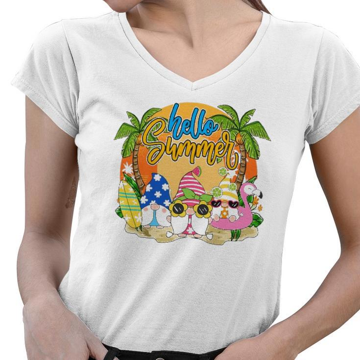 Hello Summer Vacation Garden Gnomes Beach Vibes Womens Women V-Neck T-Shirt