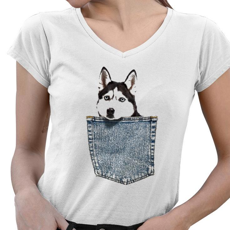 Husky In My Pocket Peeking Husky Funny Tee  Dog Animal Women V-Neck T-Shirt