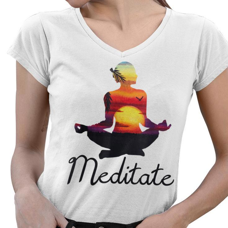 I Meditate T  Yoga Pose Tropical Sunrise Meditation V2 Women V-Neck T-Shirt