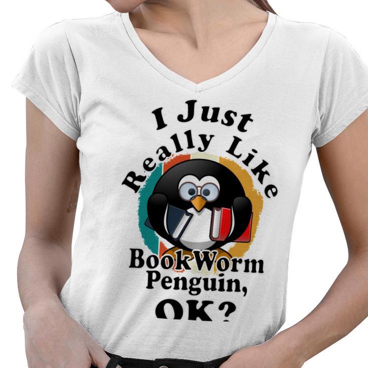 I Really Like Book Worm Penguin Ok Women V-Neck T-Shirt