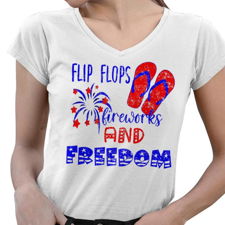 July 4Th Flip Flops Fireworks & Freedom 4Th Of July Party   Women V-Neck T-Shirt