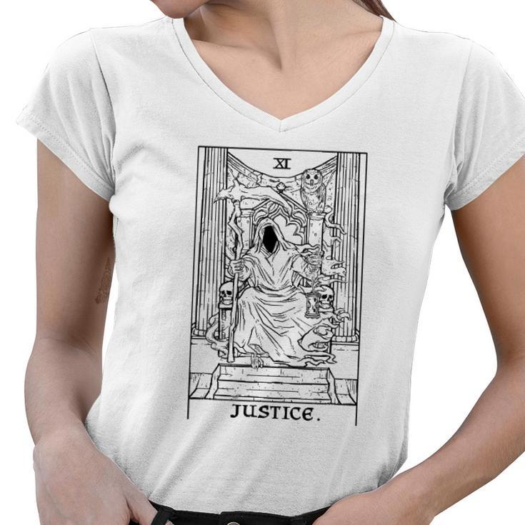 Justice Tarot Card Grim Reaper Halloween Horror Occult Goth Women V-Neck T-Shirt