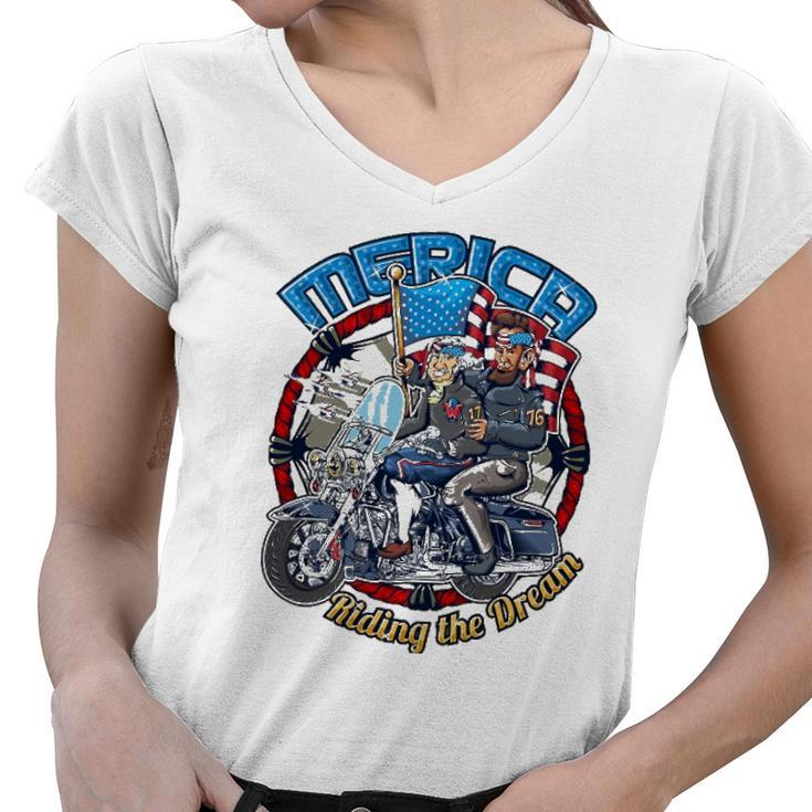 Merica  Funny 4Th Of July Washington Lincoln Biker Gift Women V-Neck T-Shirt