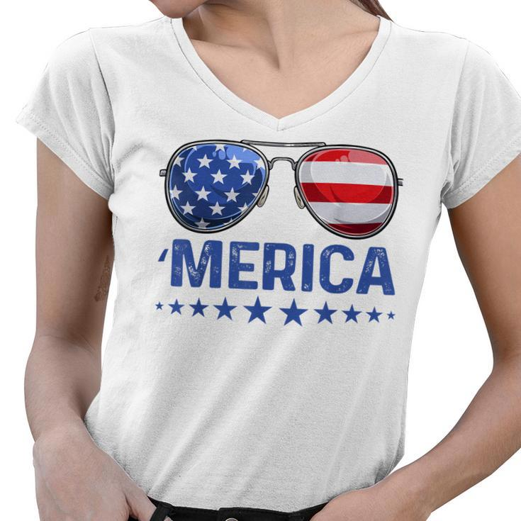 Merica Patriotic Usa Flag Sunglusses 4Th Of July Usa  Women V-Neck T-Shirt