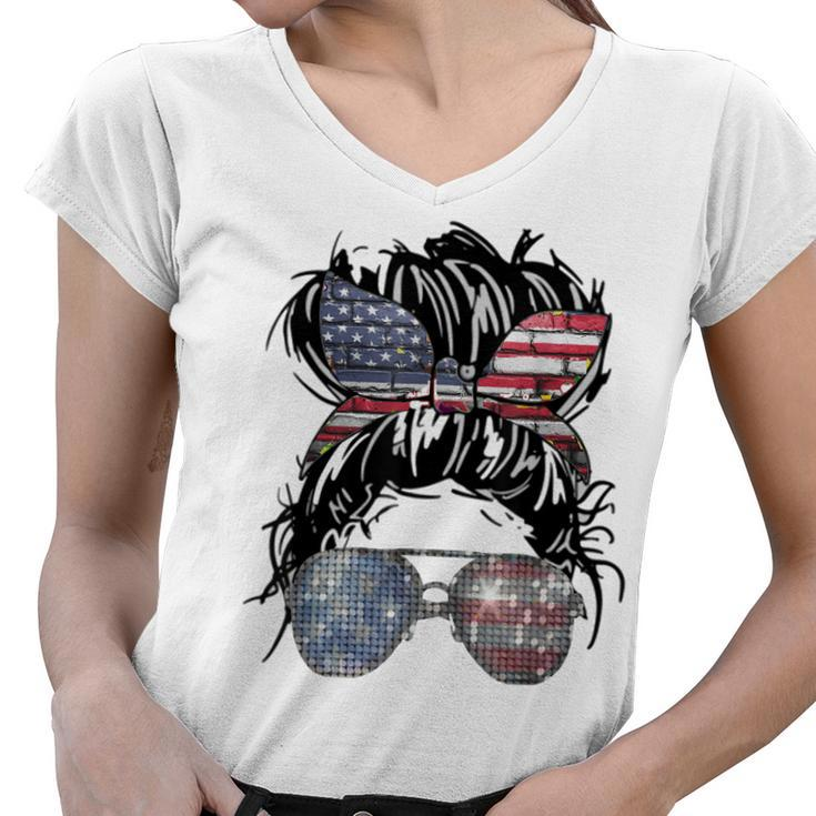 Messy Bun American Flag Glasses 4Th Of July Patriotic  Women V-Neck T-Shirt