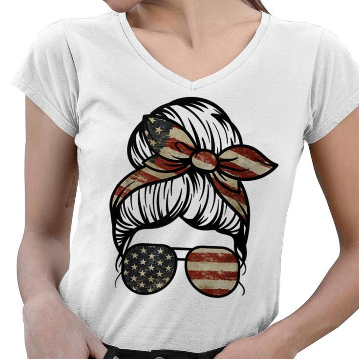 Messy Bun Usa Flag Glasses 4Th Of July Patriotic Women Girl  Women V-Neck T-Shirt