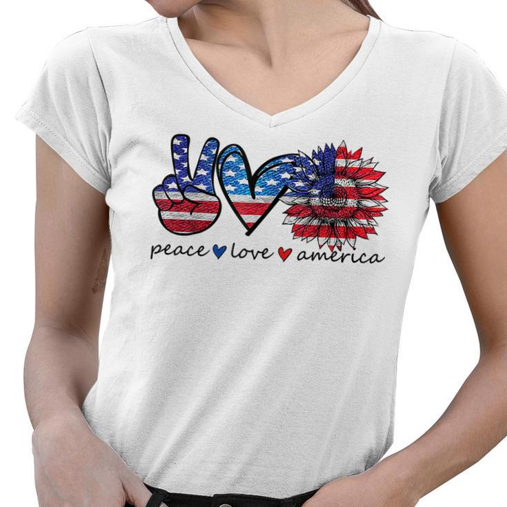 Peace Love America Flag Sunflower 4Th Of July Memorial Day  V2 Women V-Neck T-Shirt