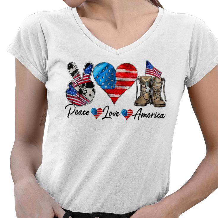 Peace Love America Vintage 4Th Of July Western America Flag  Women V-Neck T-Shirt