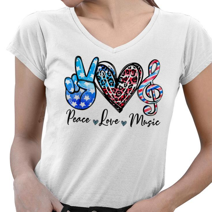 Peace Love Music Us Flag 4Th Of July Music Teacher Patriotic  Women V-Neck T-Shirt