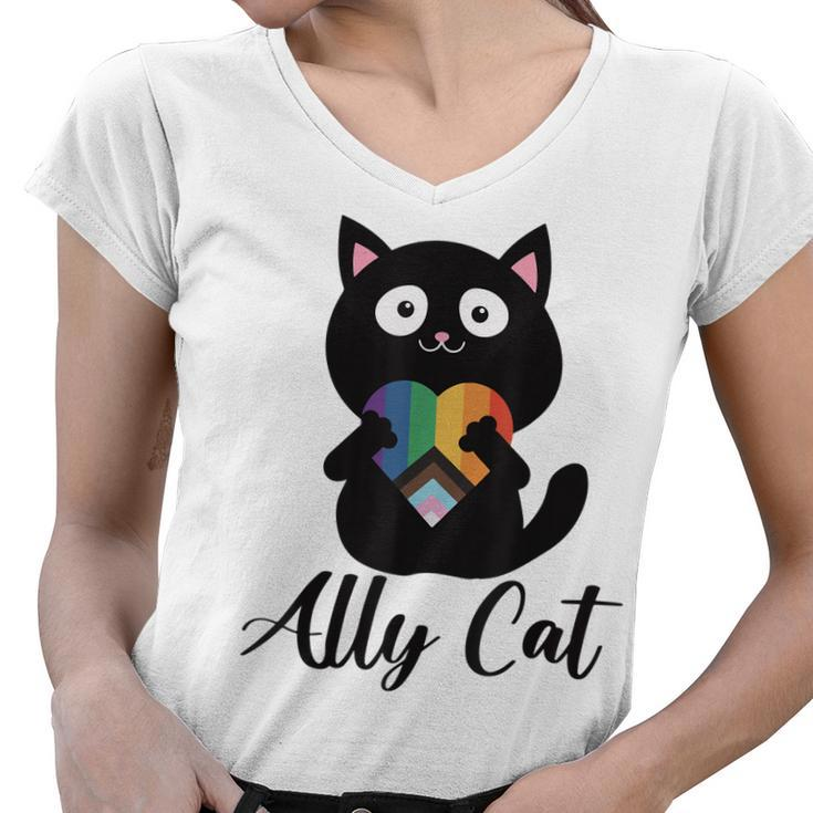 Rainbow Ally Cat Lgbt Gay Pride Flag Heart Men Women Kids  Women V-Neck T-Shirt