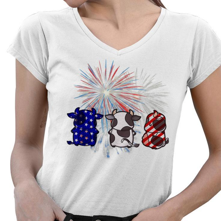 Red White Blue Cow Fireworks Patriotic 4Th Of July  Women V-Neck T-Shirt