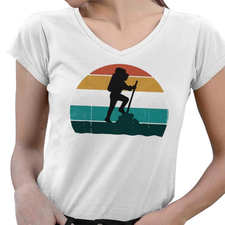 Retro Hiker Vintage Sunset Hiking Explorer Climber Gift Women V-Neck T-Shirt