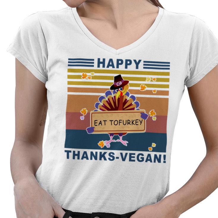 Turkey Happy Thanks Vegan Turkey Vintage Retro Women V-Neck T-Shirt