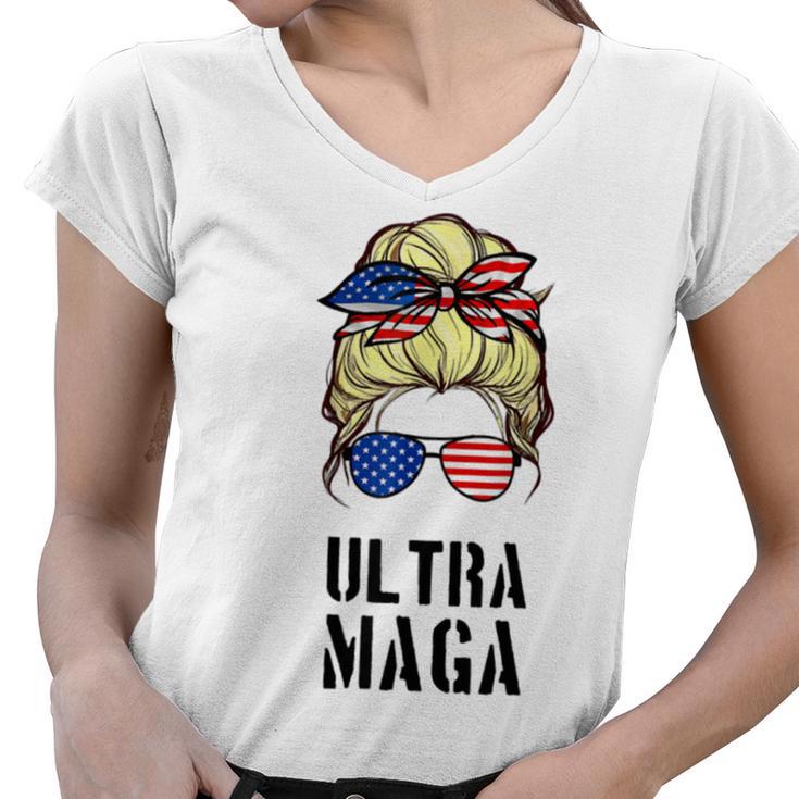 Ultra Mega Messy Bun 2022 Trump Republicans Conservatives  Women V-Neck T-Shirt