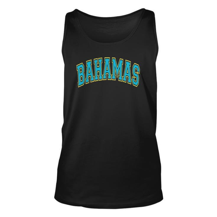 Bahamas Varsity Style Teal Text With Yellow Outline Unisex Tank Top