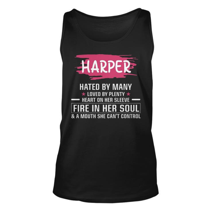 Harper Name Gift   Harper Hated By Many Loved By Plenty Heart On Her Sleeve Unisex Tank Top